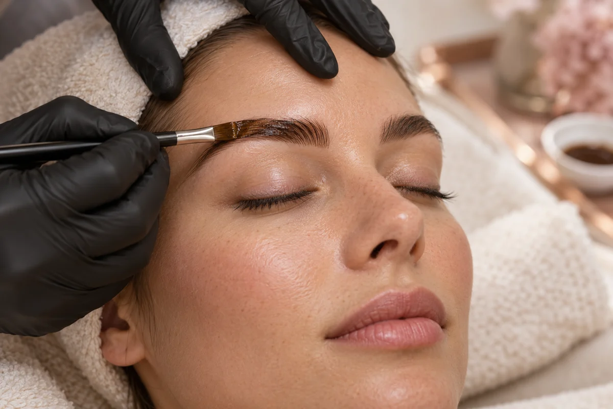 Illustration of eyebrow tint being applied with a brush.