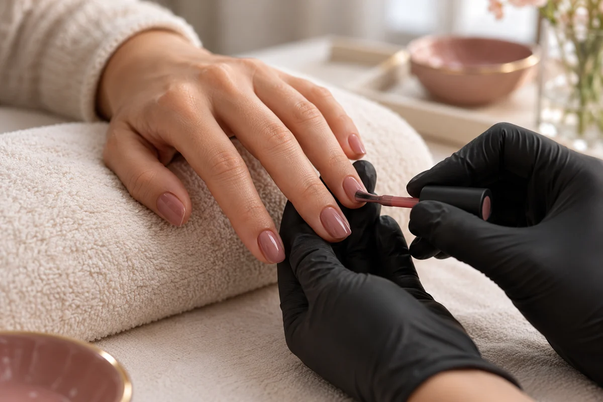 Illustration of dusty rose gel polish being applied to natural fingernails.