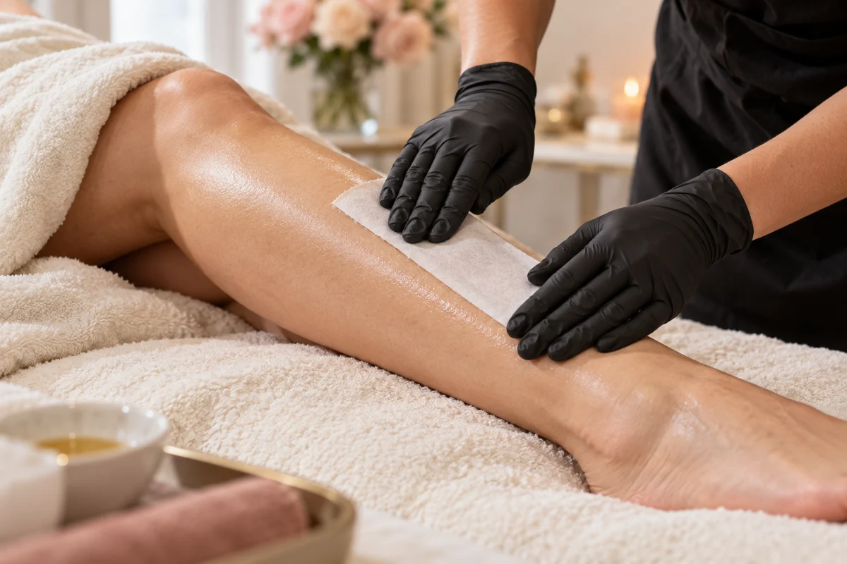 Illustration of a strip waxing treatment on a lower leg.